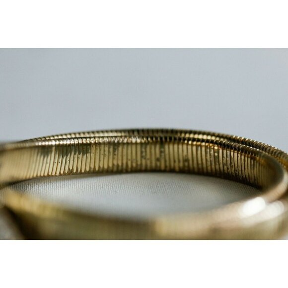 Vintage 80s Disco Gold Tone Slinky Belt with Oval Rhinestone Buckle Skinny Belt - Picture 3 of 8